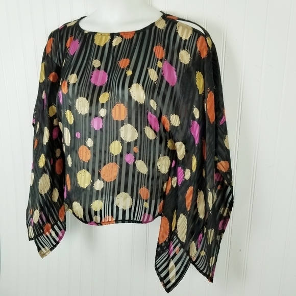 Anne Carson Womens Silk Top Blouse Size Large Batwing Multi Color Sheer Artsy - Picture 7 of 7